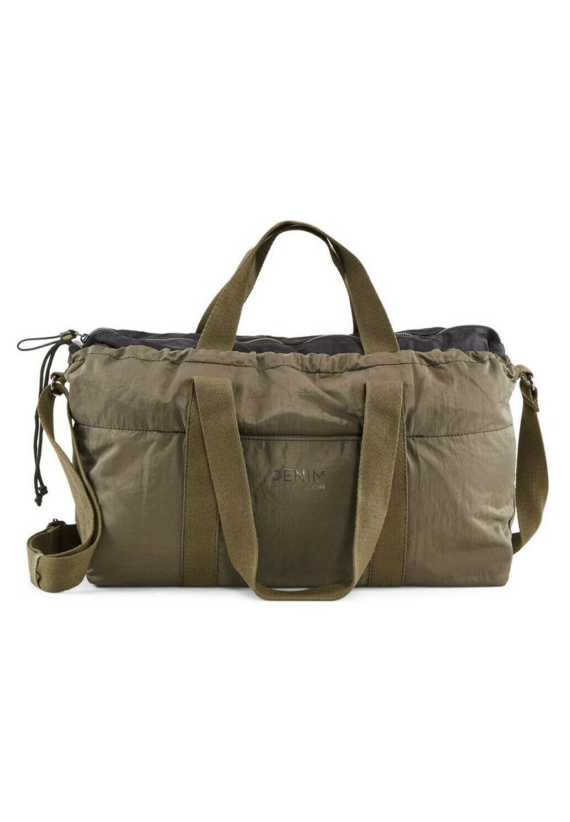 Bolsa de deporte de nylon verde oliva con asas dobles, correa de hombro ajustable, cierre con cremallera y logo "DENIM" en el frente. Material texturizado y duradero.