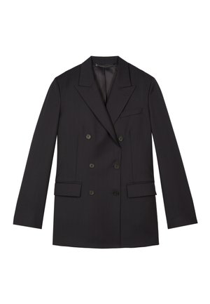 Czarny marynarka dwurzędowa z klapami z wycięciem, sześcioma guzikami i przednimi kieszeniami z patkami, pokazany na białym tle.