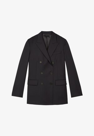 Schwarzer zweireihiger Blazer mit Revers mit Kerbung, sechs Knöpfen und vorderen Pattentaschen, auf weißem Hintergrund gezeigt.