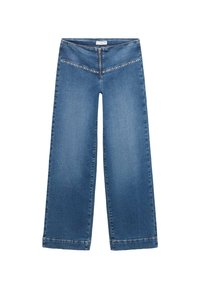 Jeans in denim blu con gambe ampie, chiusura frontale con zip e decorazioni in perle lungo la cucitura superiore a forma di V.