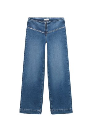 Jeans in denim blu con gambe ampie, chiusura frontale con zip e decorazioni in perle lungo la cucitura superiore a forma di V.