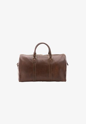 Brown leather duffel bag with two carrying handles, zipper closure, and decorative stitching accents along the front and sides.