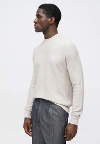 Gaiši pelēka teksturēta džemperis ar garām piedurknēm un apaļu kakla izgriezumu, uz krūškurvja neliels kvadrātveida logotips. Kombinēts ar tumšām svītrainām biksēm.