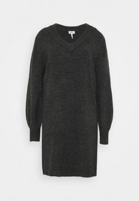 Robe tricotée gris foncé avec un décolleté en V, des manches bouffantes et des poignets côtelés. Texture douce et forme décontractée, conception longueur genou.