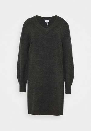 Robe tricotée gris foncé avec un décolleté en V, des manches bouffantes et des poignets côtelés. Texture douce et forme décontractée, conception longueur genou.