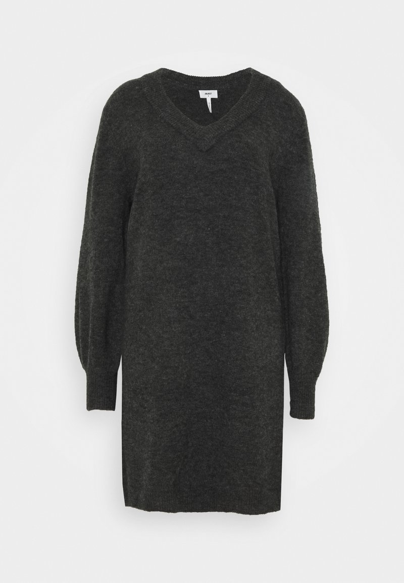 Robe tricotée gris foncé avec un décolleté en V, des manches bouffantes et des poignets côtelés. Texture douce et forme décontractée, conception longueur genou.