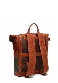 Zaino in pelle marrone con schienale in rete, dotato di due spallacci regolabili, maniglia superiore e un pannello di accentuazione verde sul lato.