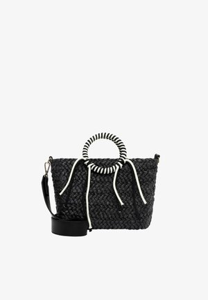 Sac à main noir tissé avec poignée ronde rayée, liens décoratifs blancs et noirs, et bandoulière noire amovible.