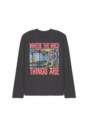 Black long-sleeve shirt with "WHERE THE WILD THINGS ARE" text and illustration of a boat, trees, and a large creature sitting in a forest.
