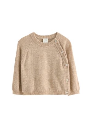 Beige babycardigan med lange ærmer, rund hals, ribbede kanter og fem knapper langs venstre forside, lagt fladt på en hvid baggrund.