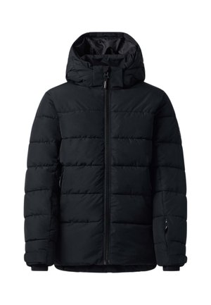 Veste matelassée noire avec fermeture éclair à l'avant et capuche attachée, conçue pour temps froid avec manches longues et aspect légèrement rembourré.