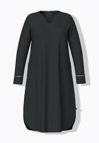 Musta pitkähiha dressi V-pääntieella, jossa on koristeltu ommel kauluksessa ja hihoissa sekä sivuhalkiot helmassa. Tasainen rakenne.