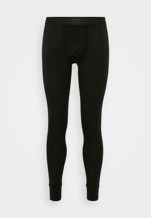 Black leggings made of a smooth, stretchy material, fitted design, with a narrow elastic waistband and cuffed hems at the ankles.