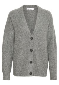 Grå ullkofta med V-ringning, fyra stora svarta knappar framtill och ribbade muddar. Mjuk textur och avslappnad passform.