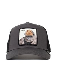 Gorra gris con una parte trasera de malla negra. Presenta un parche cuadrado bordado de la cara de un gorila etiquetado como "BOSS". Cierre ajustable de tipo snapback.