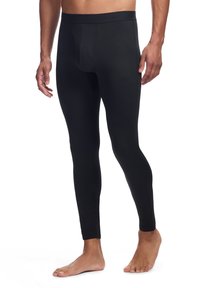 Schwarze, enganliegende Leggings aus glattem Material, mit einem breiten elastischen Bund und einer vorderen Öffnung. Knöchellange Ausführung.