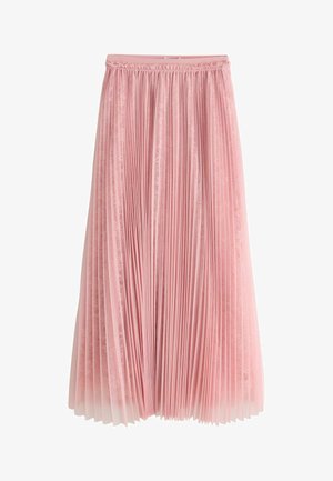 Rosa plisseret midi-nederdel med et lag af blonder under og en rynket talje, vist på en hvid baggrund.
