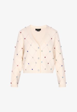 Cremiger Cardigan mit V-Ausschnitt, Rautenmuster, verziert mit mehrfarbigen, juwelenähnlichen Akzenten und gerippten Bündchen.