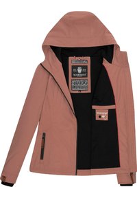 Ljusrosa jacka med avtagbar huva, framdragkedja, svart innervadding, sidoficka med dragkedja och tydligt visade etikettuppgifter.
