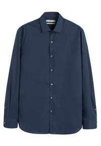 Camicia a maniche lunghe blu navy realizzata in tessuto liscio, con colletto classico, chiusura frontale con bottoni e polsini con bottoni, dal taglio morbido.