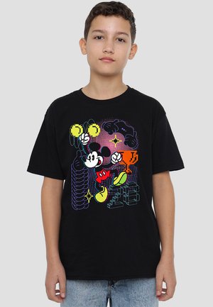Black cotton t-shirt featuring a colorful graphic of animated characters with pixel art style, including vibrant accents and geometric shapes.