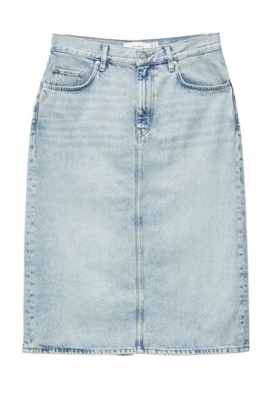 Svetlomodrá džínsová sukňa po kolená s prednými vreckami, pútkami na opasok a zapínaním na gombíky.