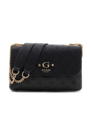 Czarna torebka z eko skóry z tłoczonym wzorem, złotym łańcuszkiem jako paskiem oraz logo jako elementem ozdobnym. Prostokątny kształt z klapą zamykającą.