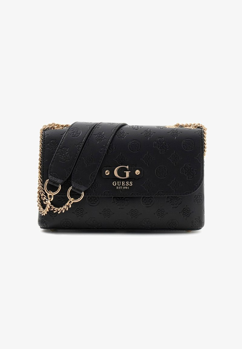 Zwarte handtas van imitatieleren met een geperst patroon, een gouden kettingriem en logohardware. Rechthoekige vorm met klepsluiting.