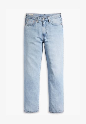 Jeans in denim azzurro chiaro con design a gamba dritta, stile a cinque tasche e dettagli di cucitura robusta. Presentano una chiusura con zip e bottone in metallo.