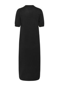 Robe tricotée noire avec des manches courtes bouffantes, un col arrondi et une silhouette droite, dotée d'un ourlet hauteur genoux et d'une texture douce.