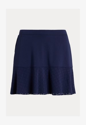 Saia azul-marinho feita de tecido texturizado, com um design fluido, apresentando detalhes perfurados ao longo da bainha e uma cintura elástica.