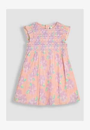 Ziedu kleita ar īsām rievotām piedurknēm, rievotu krūšu daļu, orandžs-sarkans pamats un lavandas ziedi ar zaļiem akcentiem, teksturēta auduma.