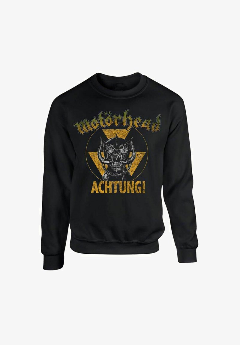 Sort sweatshirt med et grafisk bilde av et hodeskalle med horn og "Motörhead"-tekst, akkompagnert av gule trekantede elementer og slitt skrift.