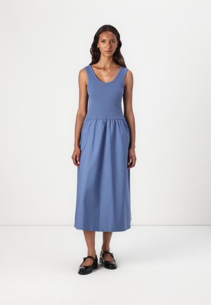 Blue cotton maxi dress with a round neckline and gathered waist. The material is smooth, with a simple design and no visible patterns.