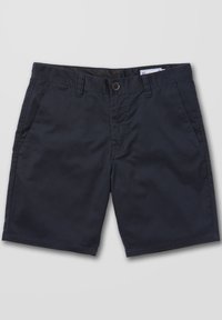 Shorts casual da uomo blu navy con passanti per cintura, chiusura con bottone e tasche frontali su uno sfondo grigio chiaro.