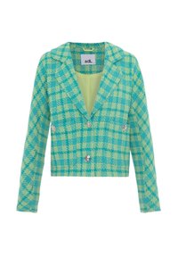 Blazer court à carreaux turquoise et vert citron avec manches longues, col cranté et trois boutons argentés sur le devant.