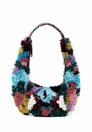 Kleurrijke stoffen handtas met een afgeronde vorm, getextureerde bloemmotieven en een meerkleurige gevlochten band. Voorzien van een ritssluiting.