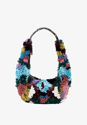 Värviline kangast käekott ümara kujuga, tekstuursete lillemustritega ja mitmevärvilise kootud rihmaga. Omab tõmblukuga sulgemist.