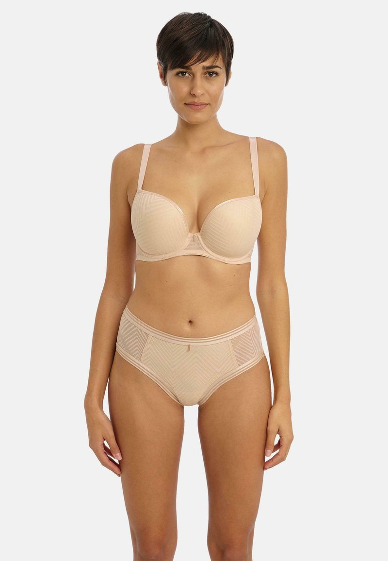Beige bh en hoogstaande slipset met een gestreept patroon, verstelbare bandjes en een gladde stof met een subtiele glans.