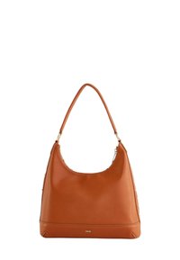 Borsa a tracolla in pelle marrone con una forma morbida, manico e dettagli dorati. Texture liscia con cuciture decorative lungo un lato.