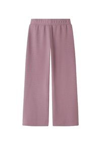 Pantalons larges en tissu lavande doux, présentant une texture lisse et une taille élastique pour le confort. Aucun motif ni élément de fixation visible.
