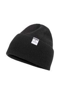 Gorro de punto negro con textura acanalada y un dobladillo doblado. Presenta una pequeña etiqueta de marca blanca cosida en la parte frontal.