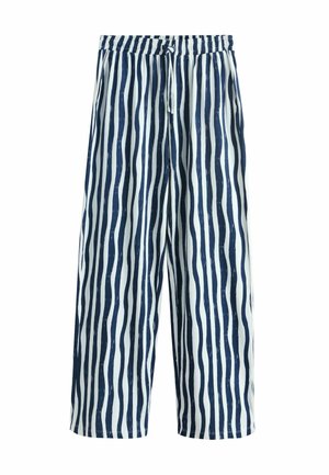 Weite Hose mit einem gestreiften Muster in Marineblau und Weiß, mit einem elastischen Bund und einem Kordelzug.