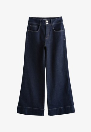Dunkelblaue Jeans mit weitem Bein, hoher Taille, doppeltem Knopfverschluss, Vordertaschen und sichtbaren Nähten.