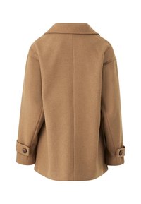 Bruin wollen mengstof jas met een gelidde kraag, losse pasvorm en geknoopte manchetten, met een gladde textuur en minimale naden.