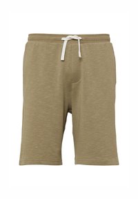 Khaki Baumwollshorts mit elastischem Bund und weißem Kordelzug. Verfügt über eine Seitentasche und einen weichen, strukturierten Stoff.
