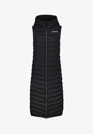 Long gilet matelassé noir sans manches avec capuche et fermeture éclair à l'avant, arborant le logo "Alife & Kickin" sur la poitrine.