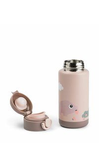 Ruostumattomasta teräksestä valmistettu vesipullo, jossa on mattapinkki pinta, ja jossa on sian kuvio sekä ruskea korkki, jossa on suukappale ja tiivistöpallo.