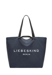 Granatowa płócienna torba na ramię z czarnymi paskami i białym logo "LIEBESKIND BERLIN" z przodu, wyróżniająca się prostym wzornictwem i przestronnym wnętrzem.