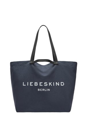 Granatowa płócienna torba na ramię z czarnymi paskami i białym logo "LIEBESKIND BERLIN" z przodu, wyróżniająca się prostym wzornictwem i przestronnym wnętrzem.